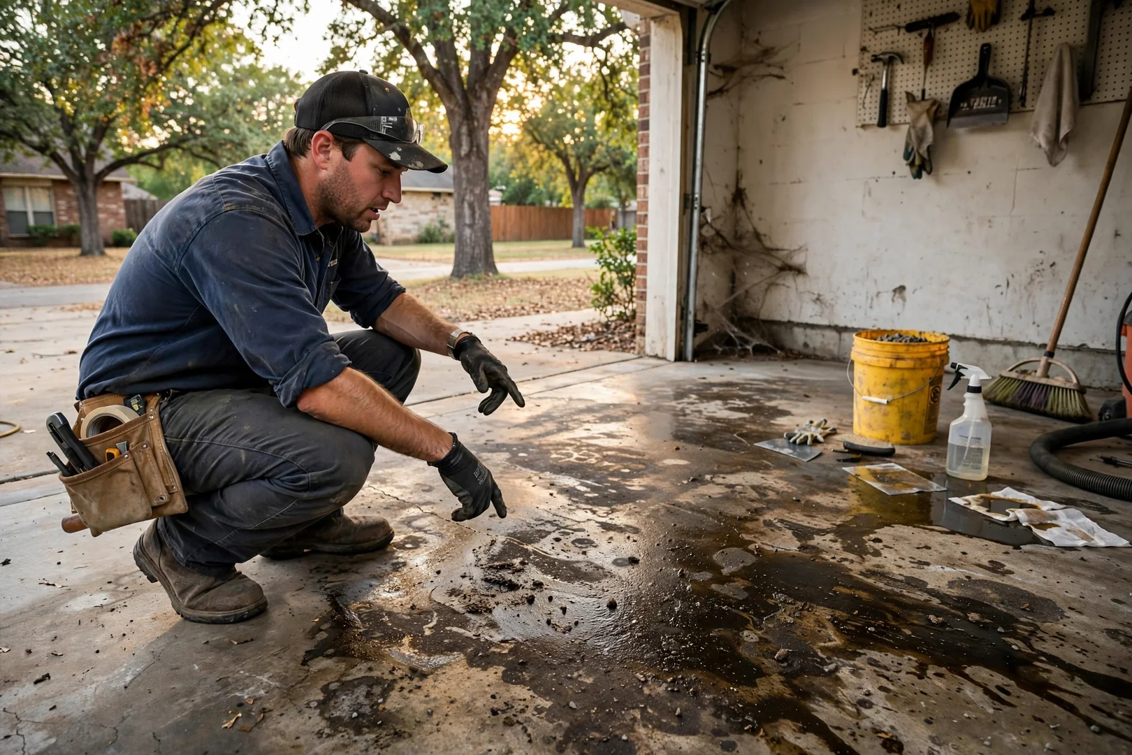 Oil-stained garage slab photographed before degreasing and epoxy coating prep