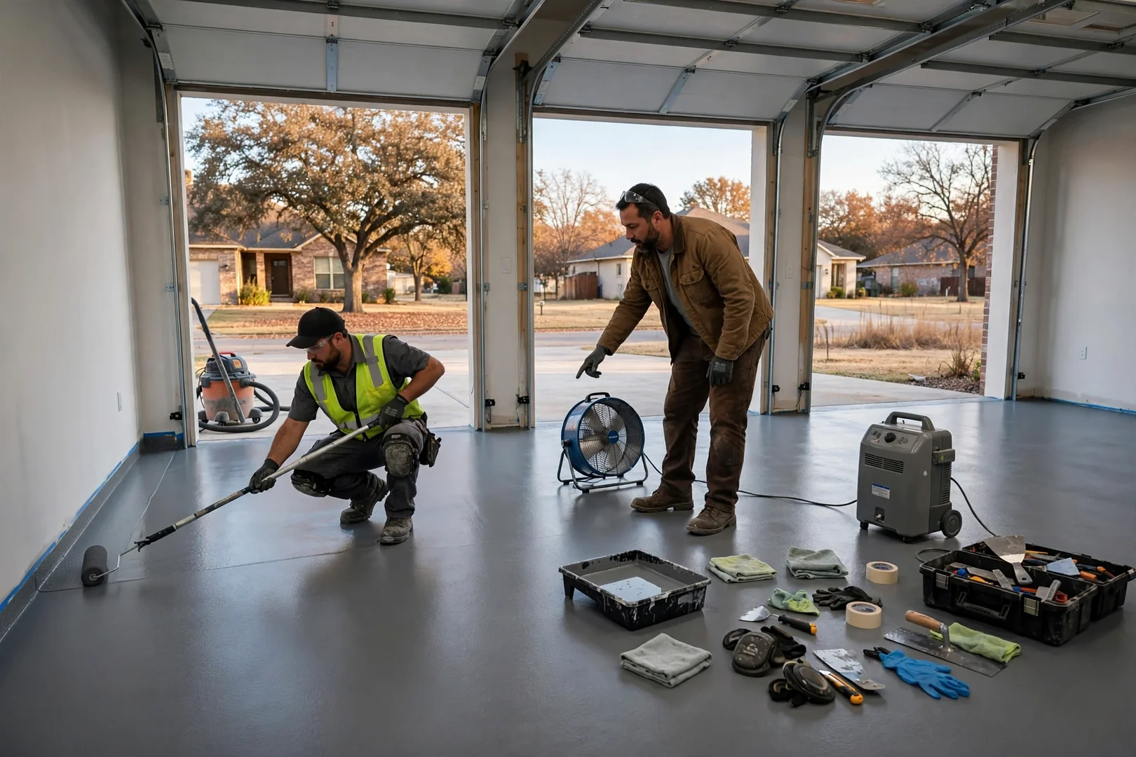 Three-bay garage floor coated in solid gray epoxy with clean wall edges