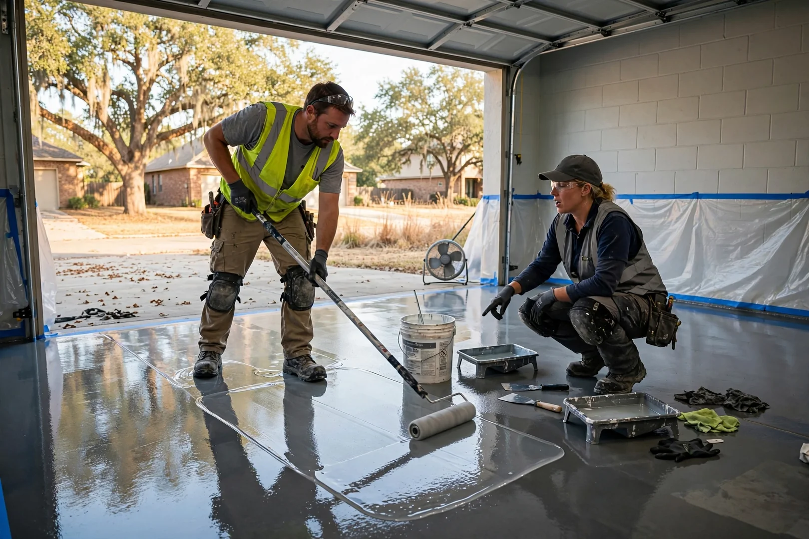 Crew rolling clear topcoat across a coated garage floor near the overhead door