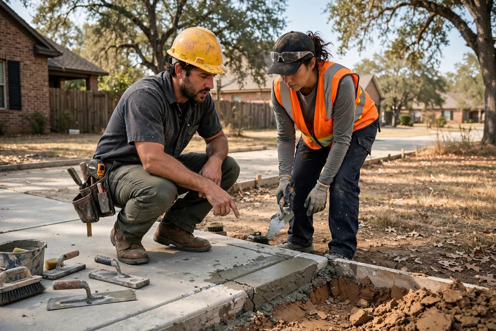 Stone mason setting irregular flagstone pavers on compacted base
