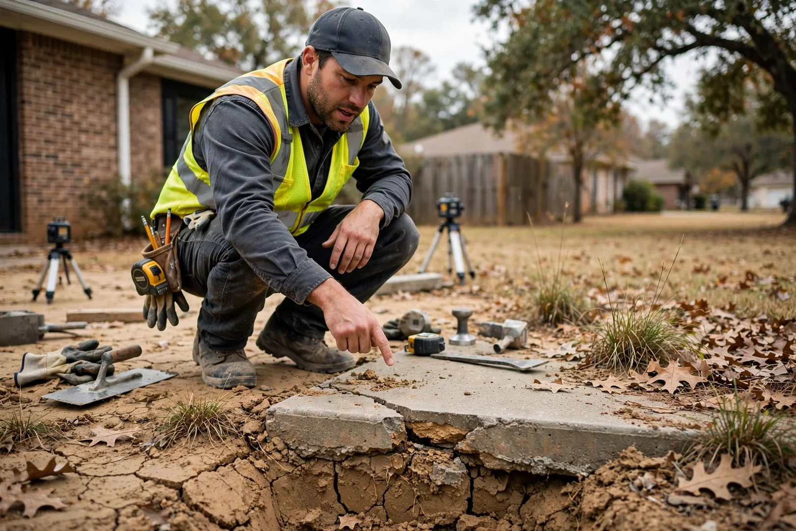 Mason fitting flagstone pieces into compacted sand base