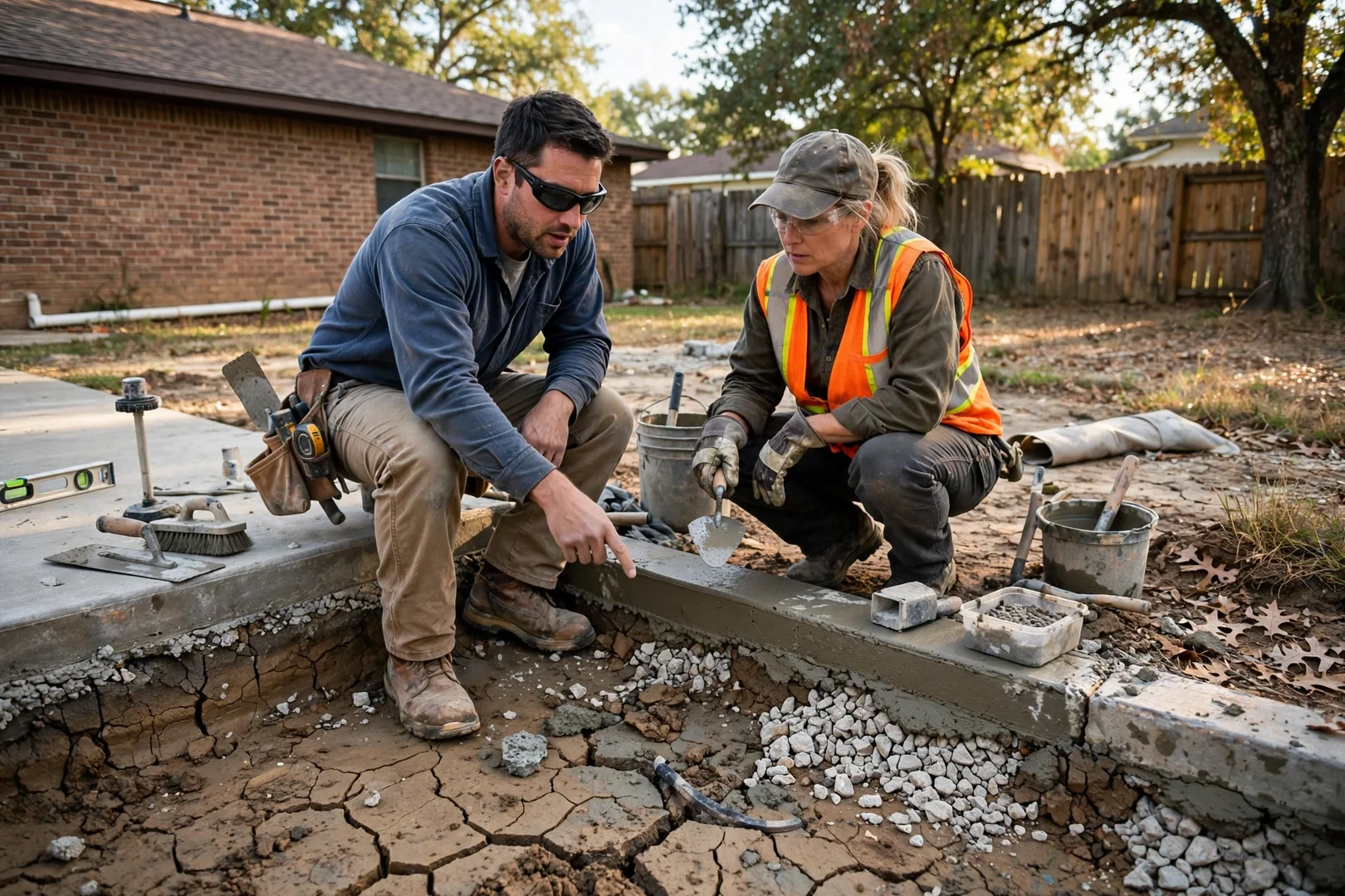 Crew leveling screenings and setting flagstone for a backyard patio project at a Corinth home