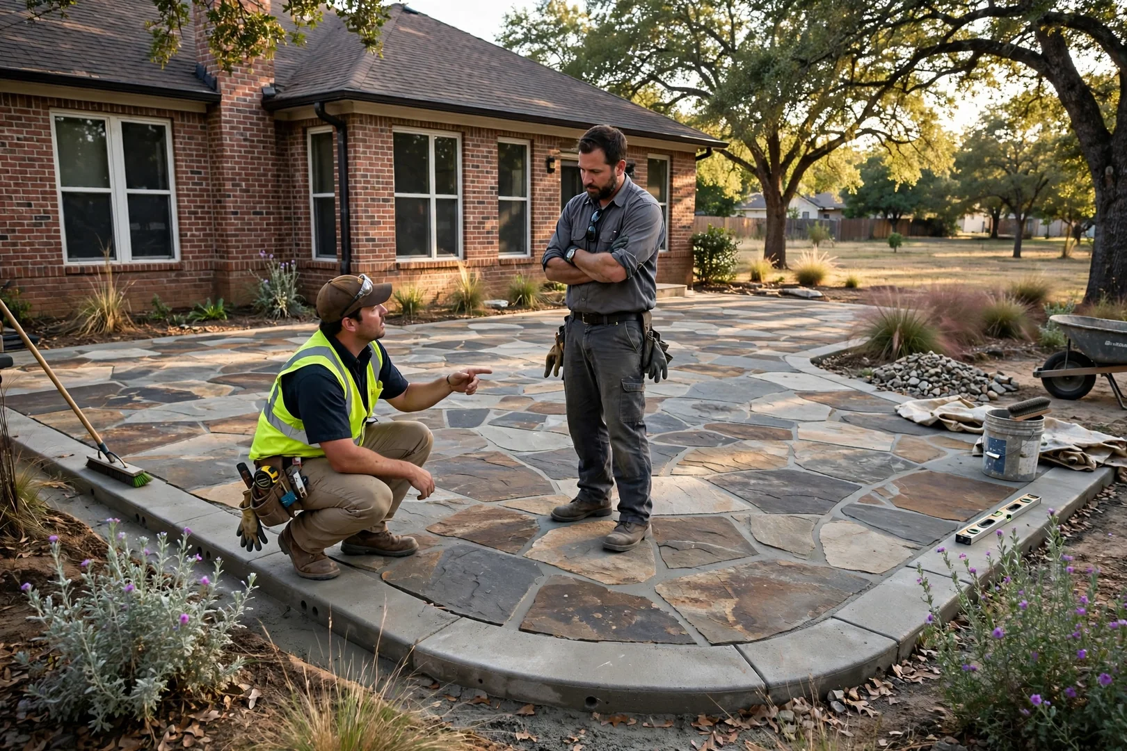 Wide view of finished irregular flagstone patio behind a brick Corinth home