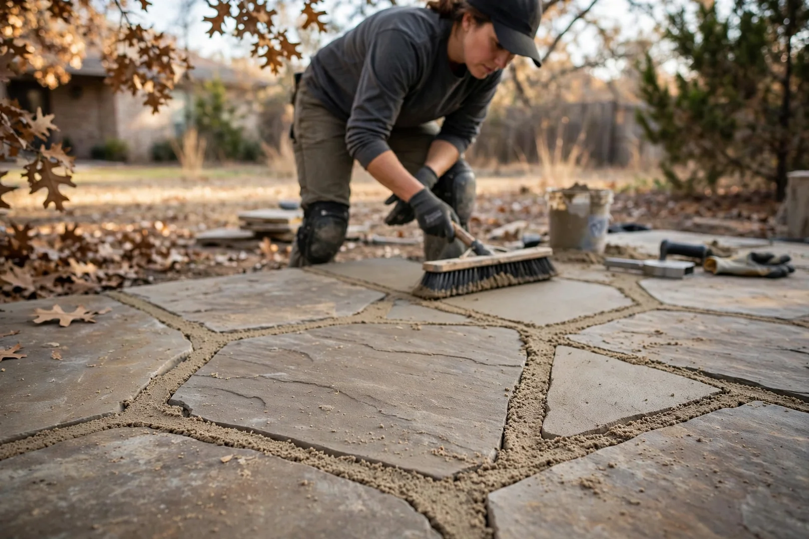 Close-up of tight flagstone joints filled with polymeric sand after compaction