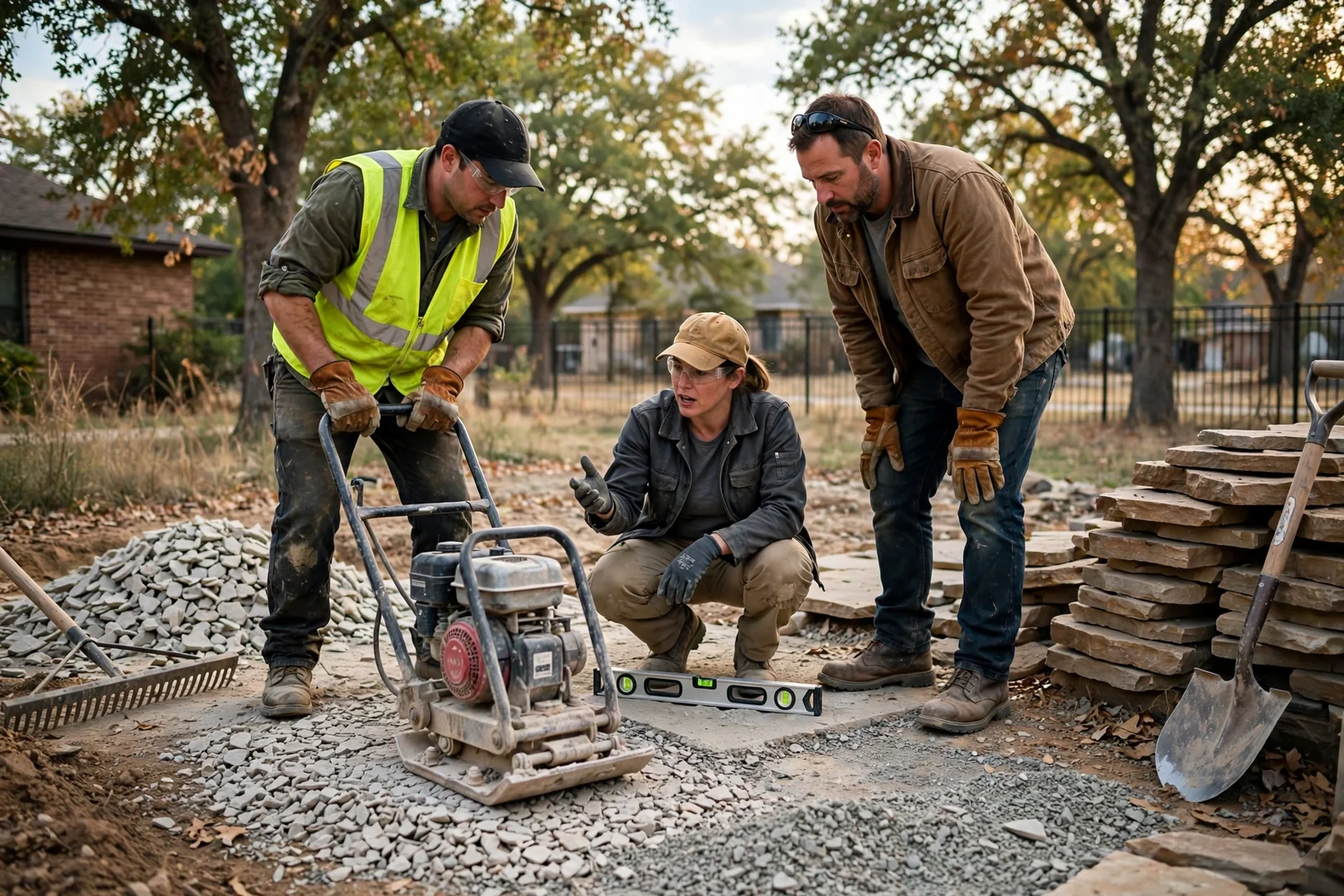Crew compacting crushed base and screenings before flagstone setting begins
