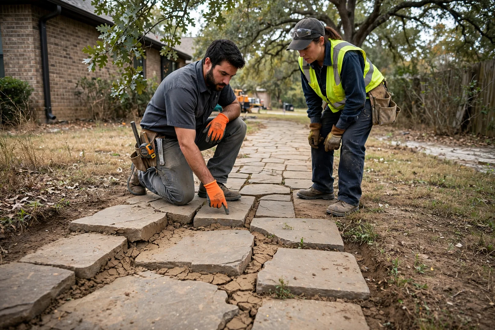 Settled stone path before repair showing uneven joints and clay soil movement