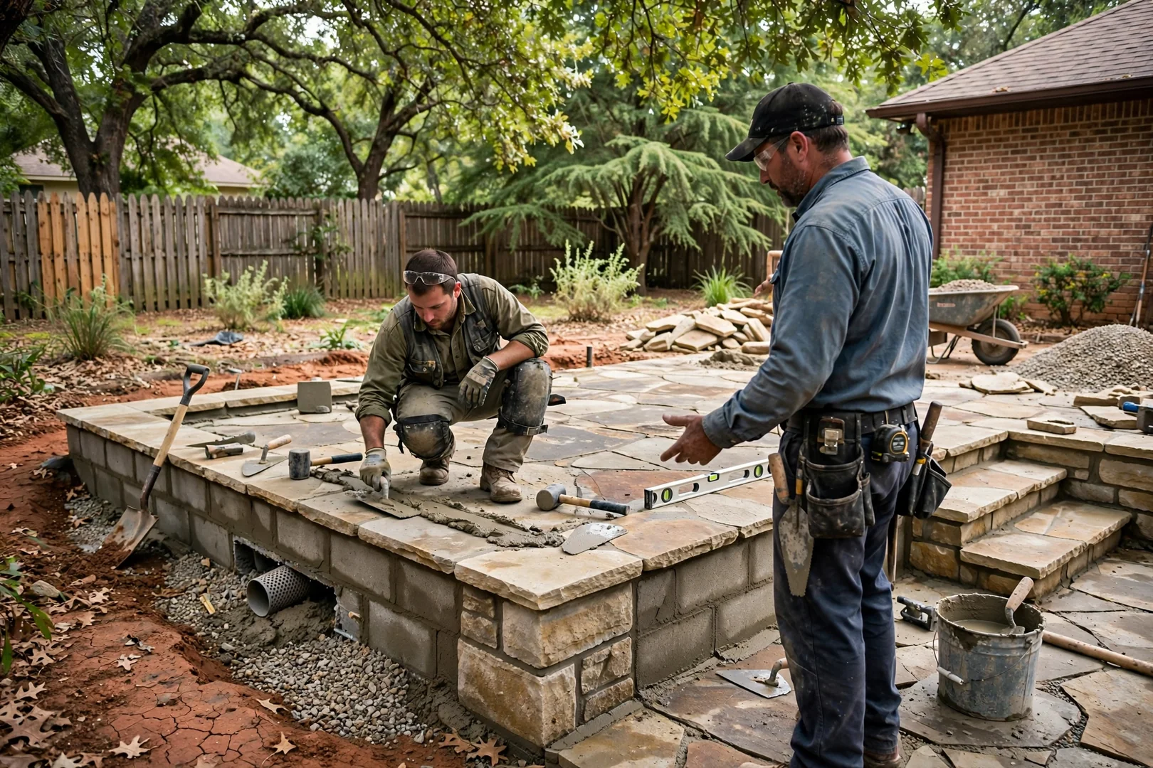Flagstone patio with low seat wall and stone steps in shaded backyard