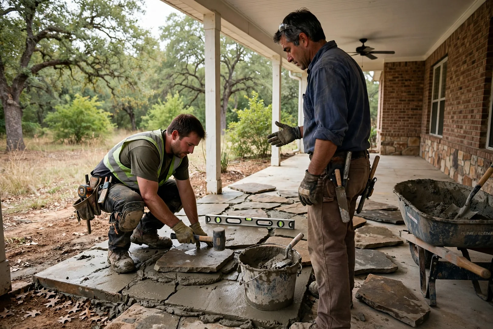 Wet-set flagstone overlay on existing concrete slab near covered porch