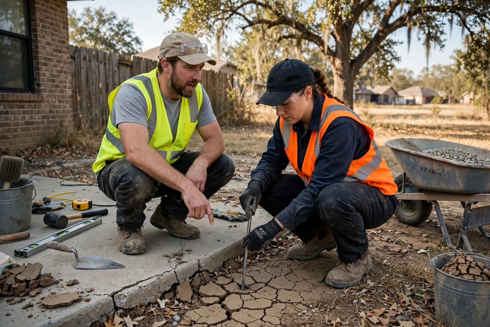 Technician measuring slab elevation during a foundation repair estimate