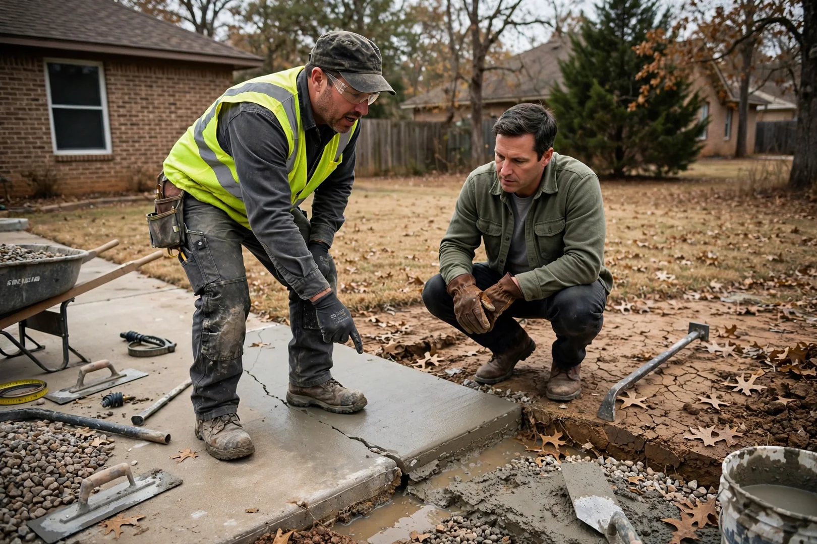Foundation repair crew setting concrete pressed piers beside a Corinth home slab