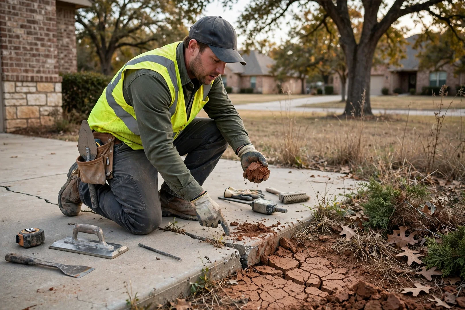 Technician measuring slab elevation with a laser level