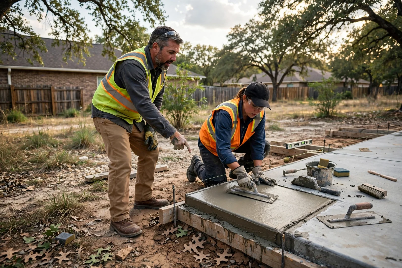 Technician measuring slab elevation differentials during a foundation repair inspection in Corinth