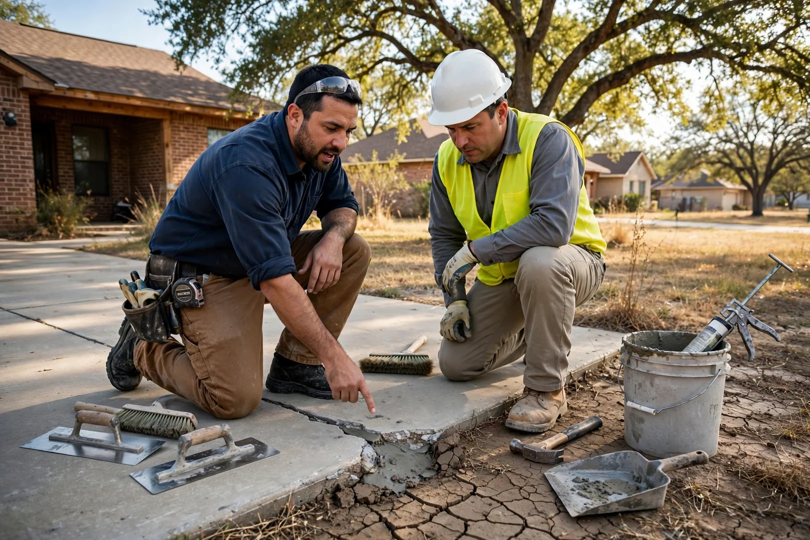Crew installing pressed concrete piers beneath a residential slab foundation during a Corinth repair project
