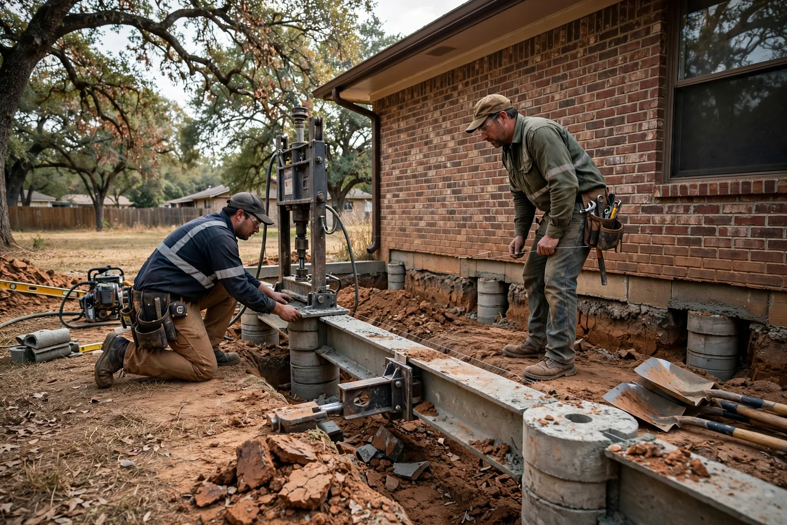 Pressed concrete piers set along a perimeter grade beam of a brick ranch home