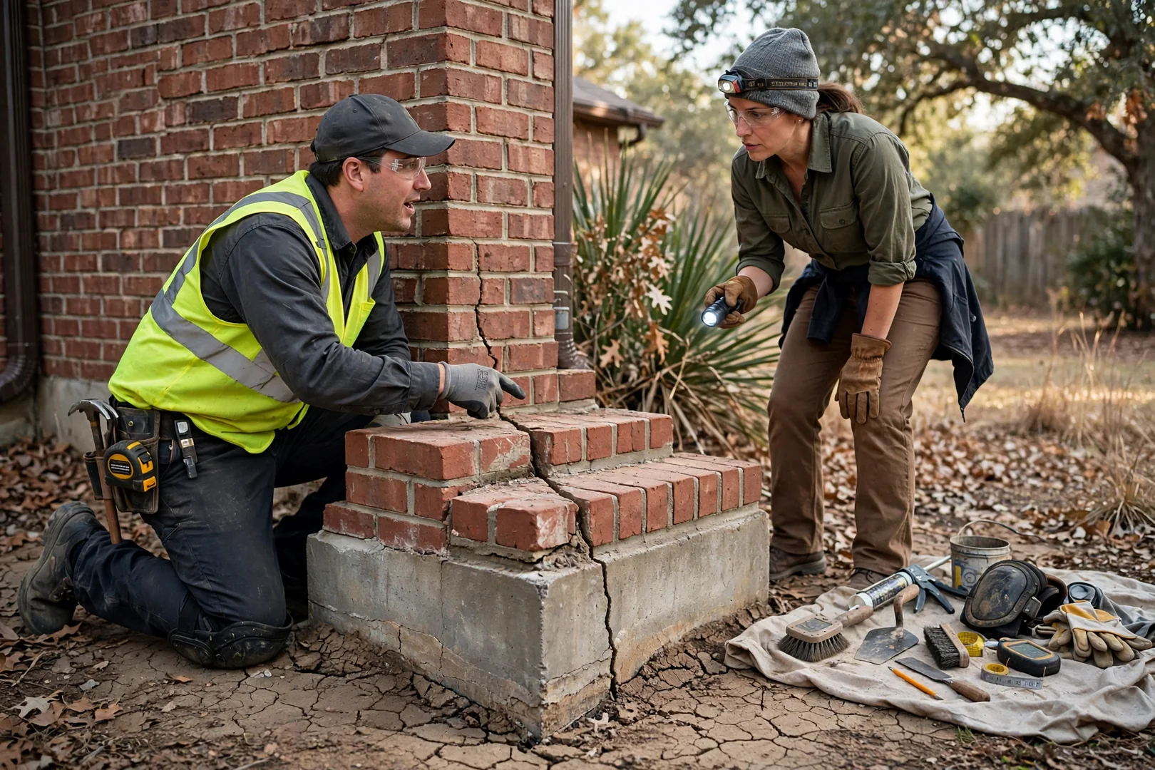 Stair-step brick crack above a foundation corner before repair work begins
