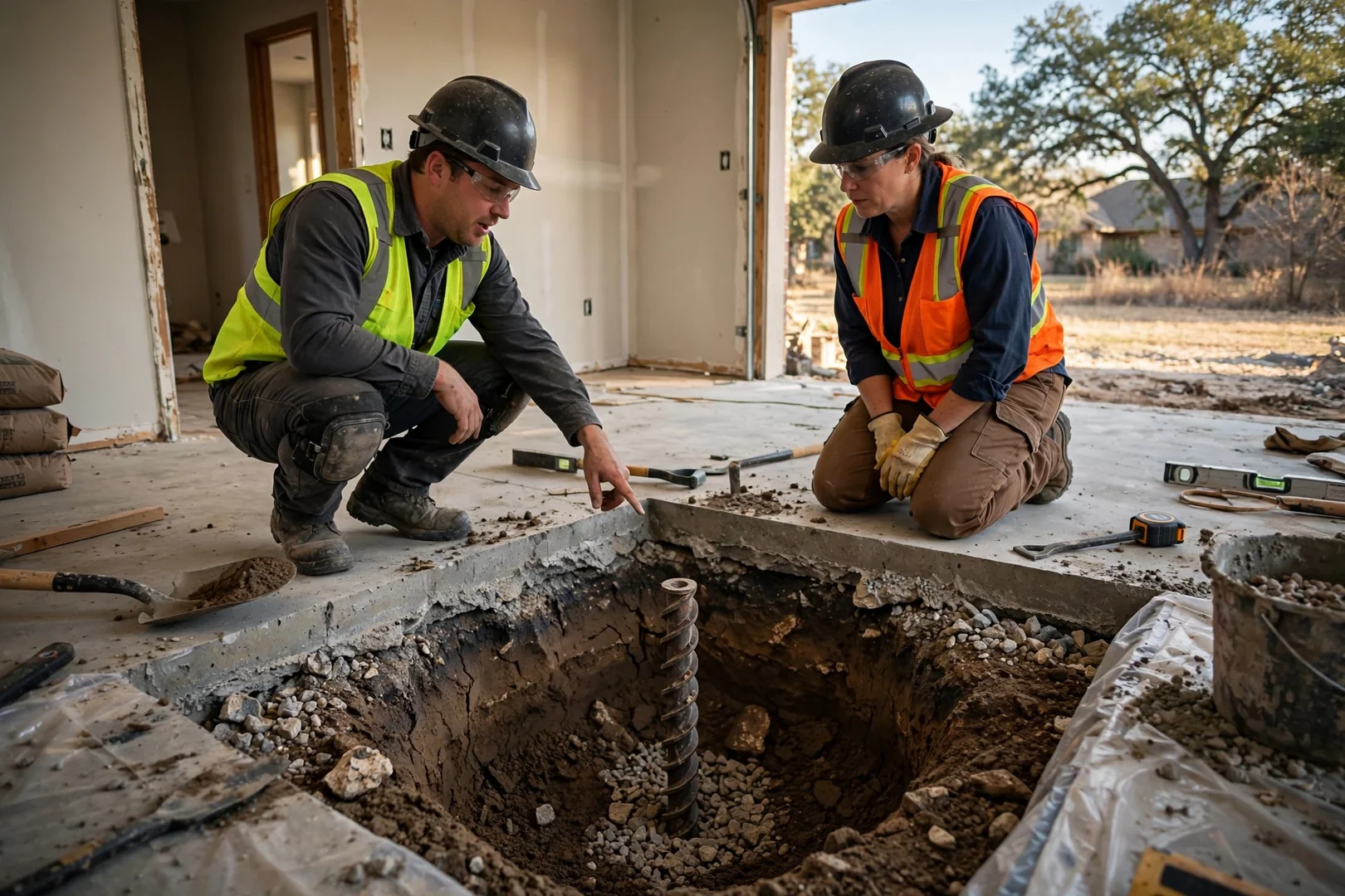 Interior slab section opened for pier placement inside a Corinth residence