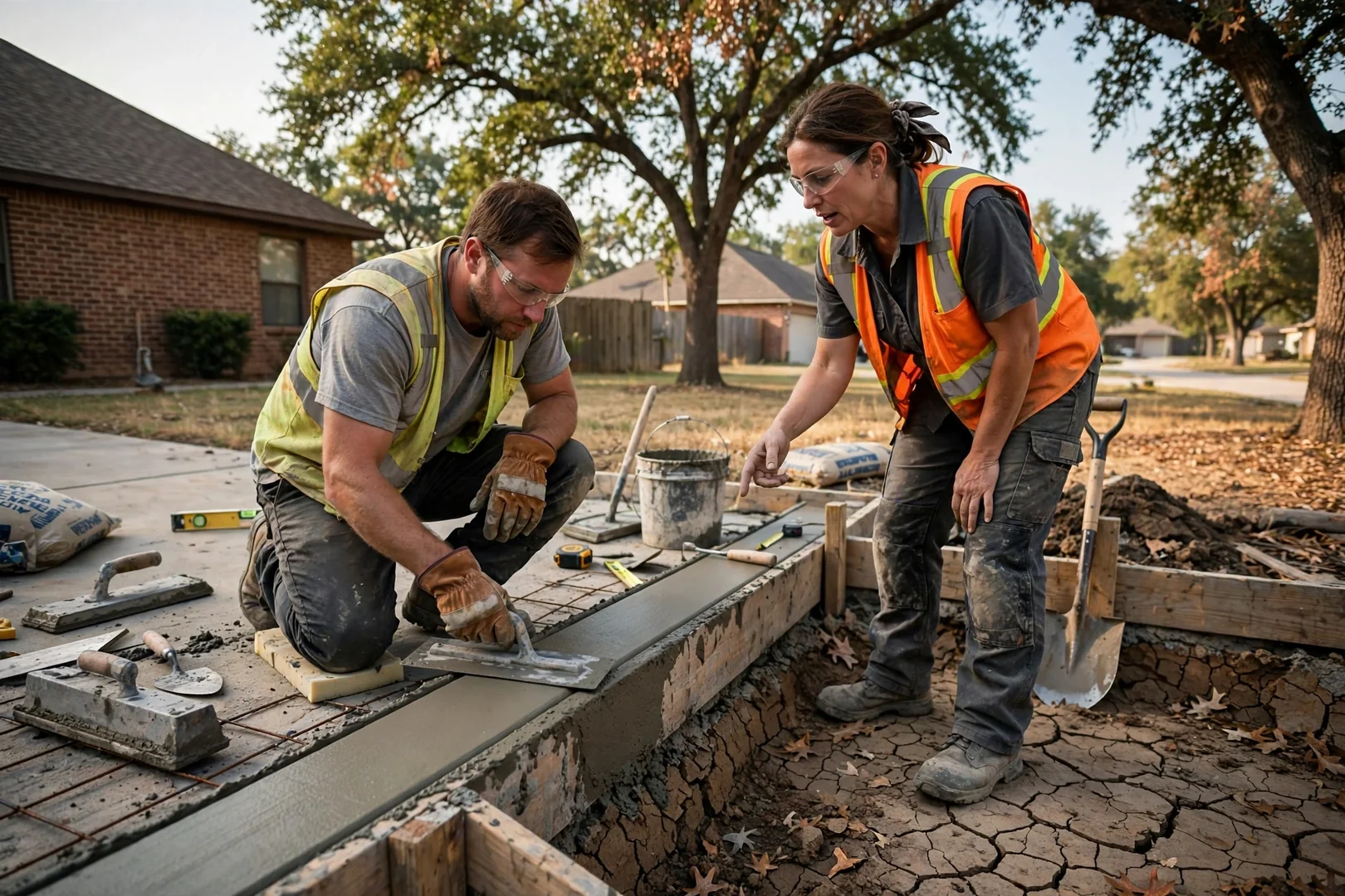 Contractor measuring a segmental block retaining wall along a sloped Corinth backyard