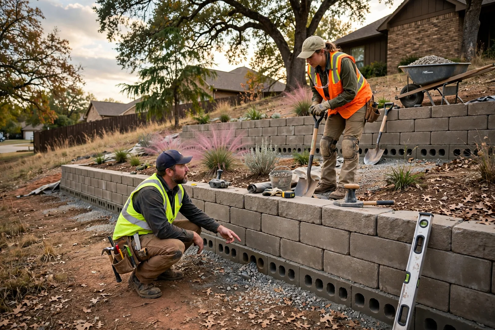 Finished terraced block retaining wall stabilizing a steep residential backyard slope
