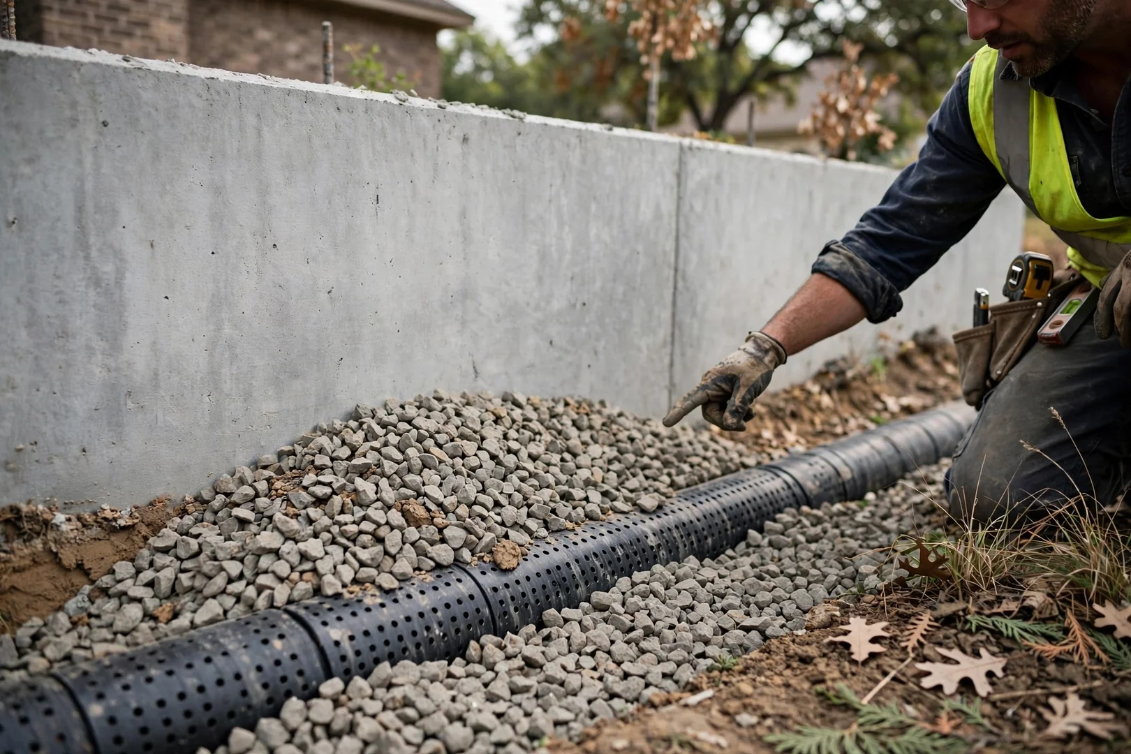 Close-up of perforated drain tile and gravel backfill behind a new wall