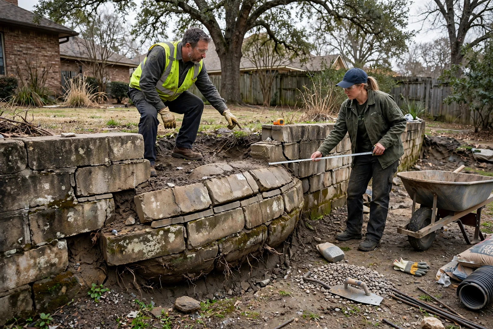Bulging older garden wall showing lateral soil pressure before rebuild begins