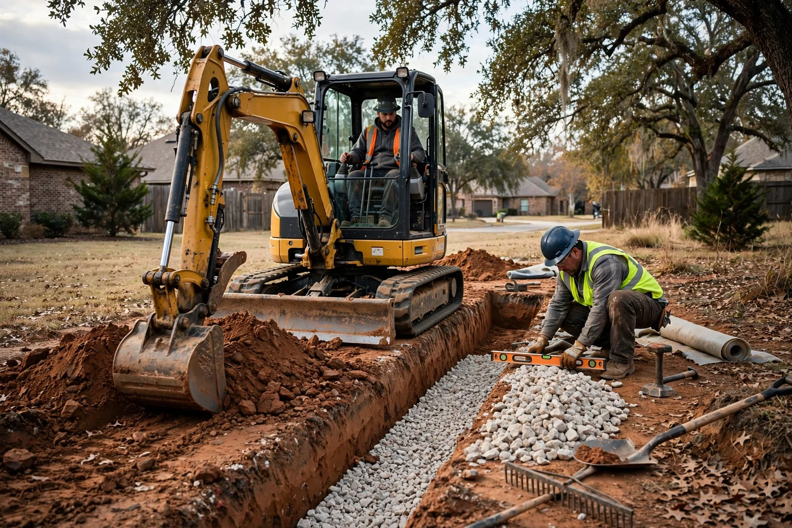 Compact excavator cutting a level trench for a retaining wall base course