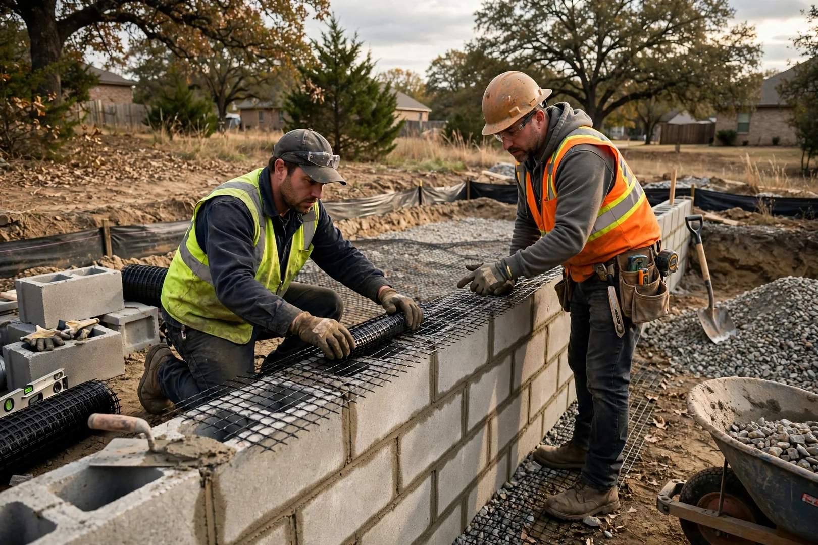 Geogrid reinforcement layer placed between block courses during wall construction