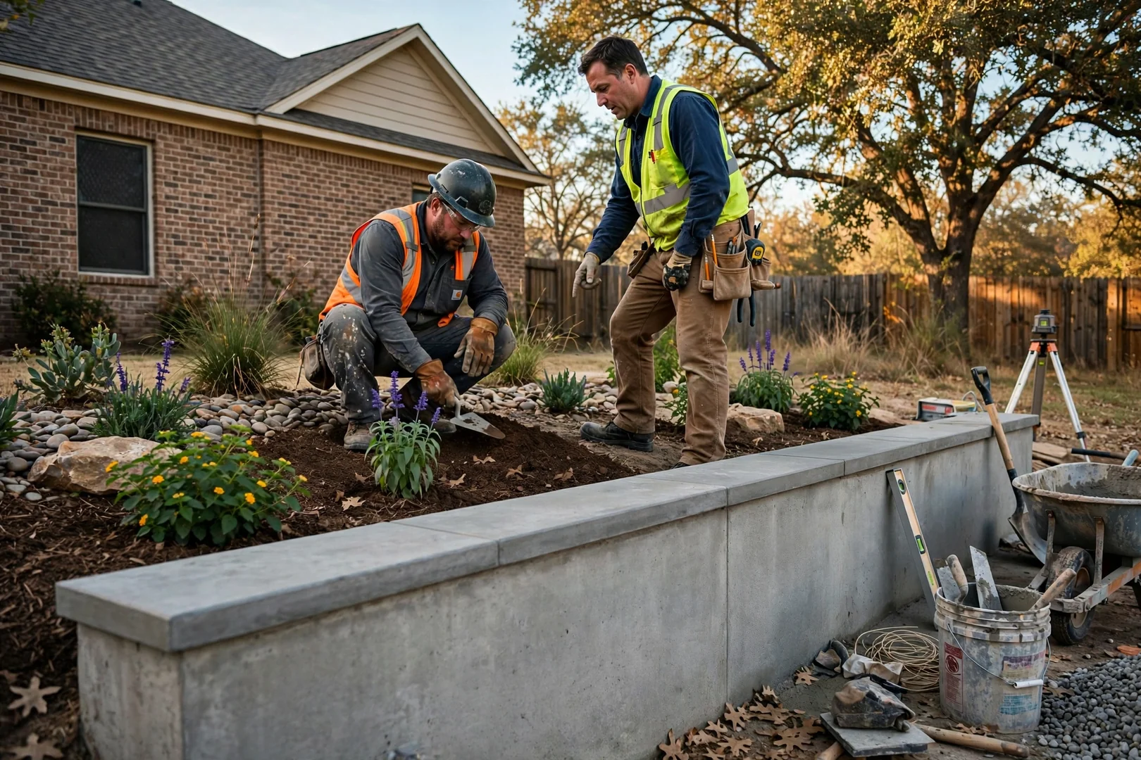 Capped seating wall and graded planting bed completed behind a Corinth home