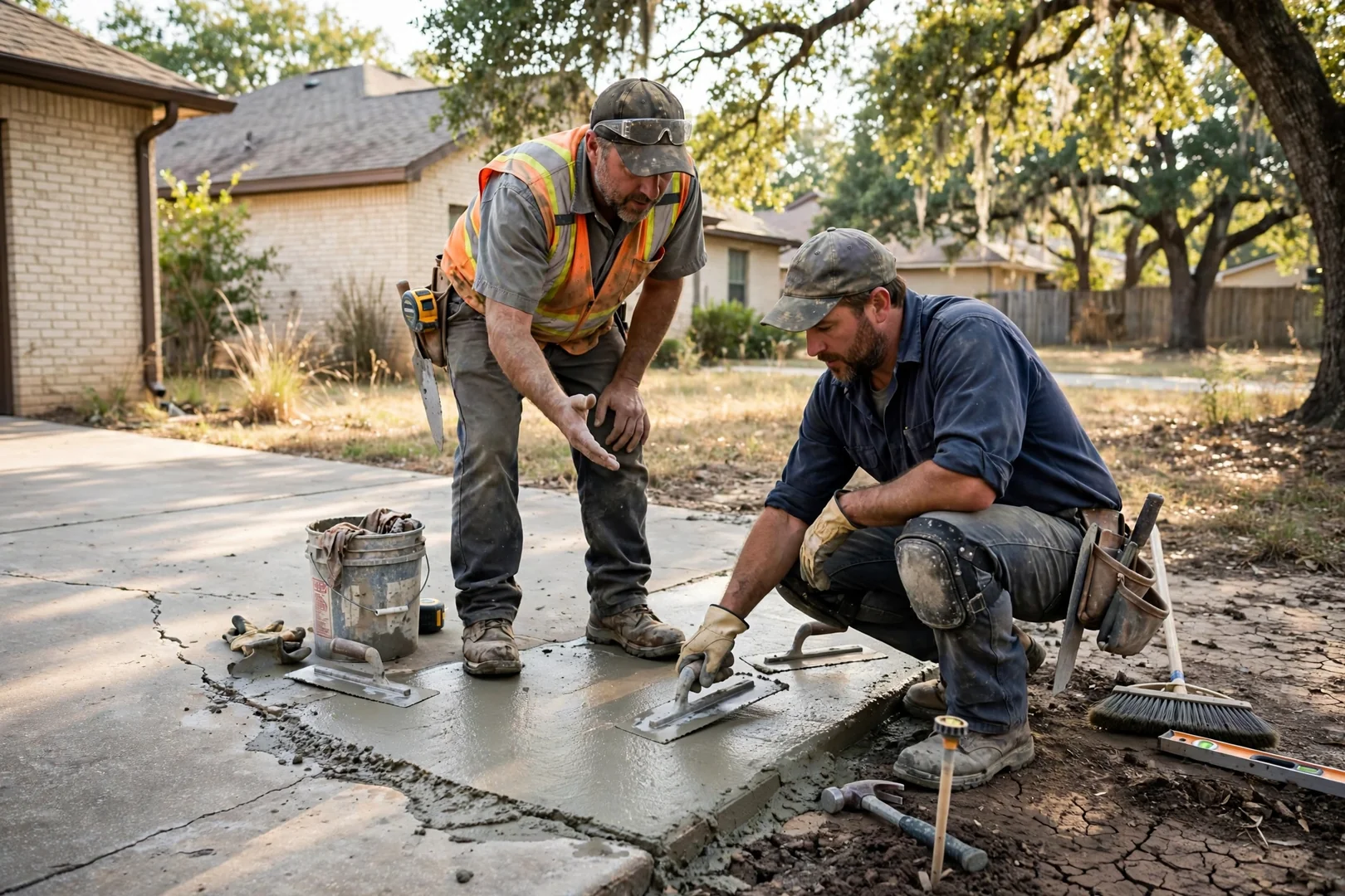 Worn gray slab with adhesive residue beside a freshly stained and sealed concrete section