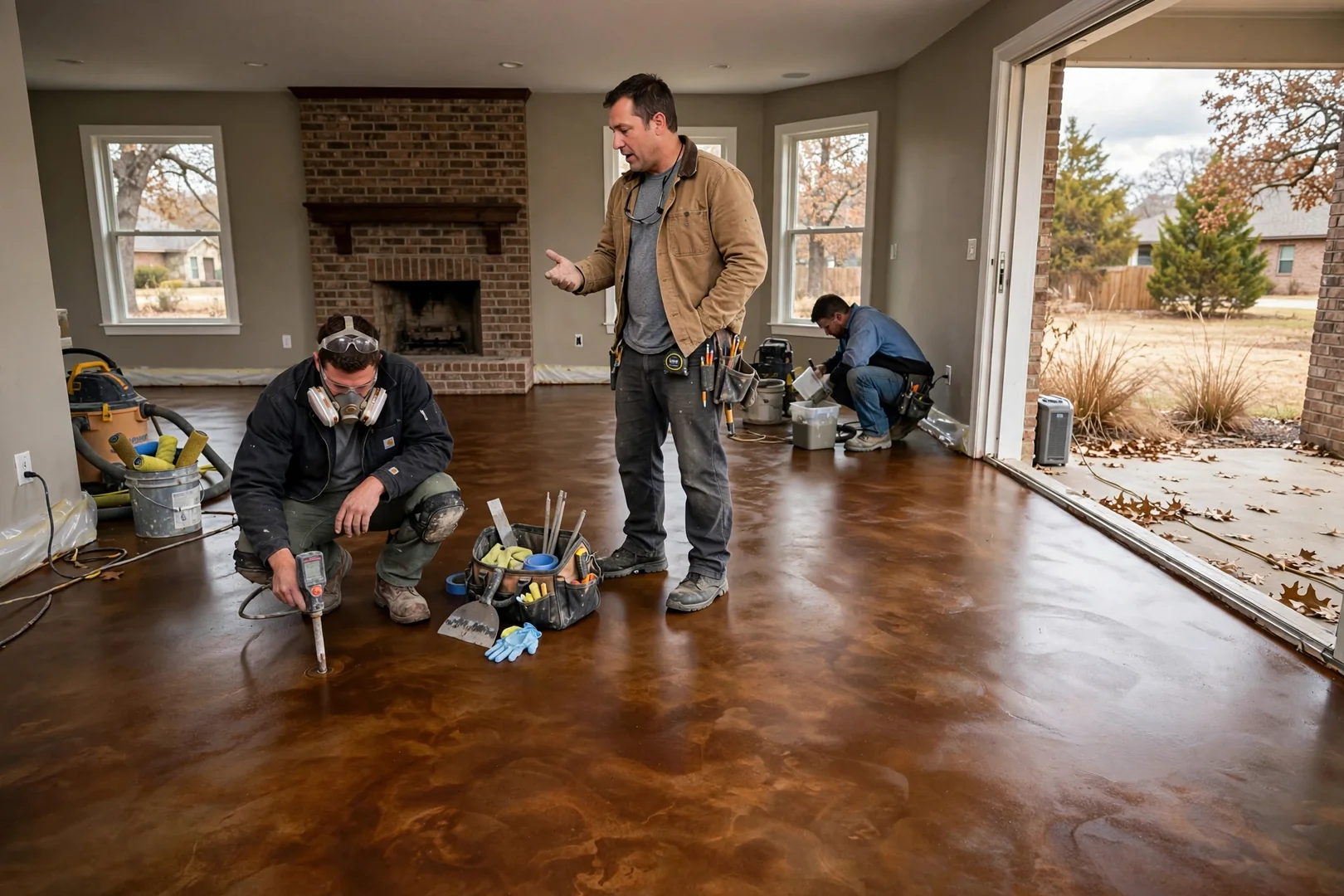 Wide view of a richly stained living room floor with a satin sealer finish