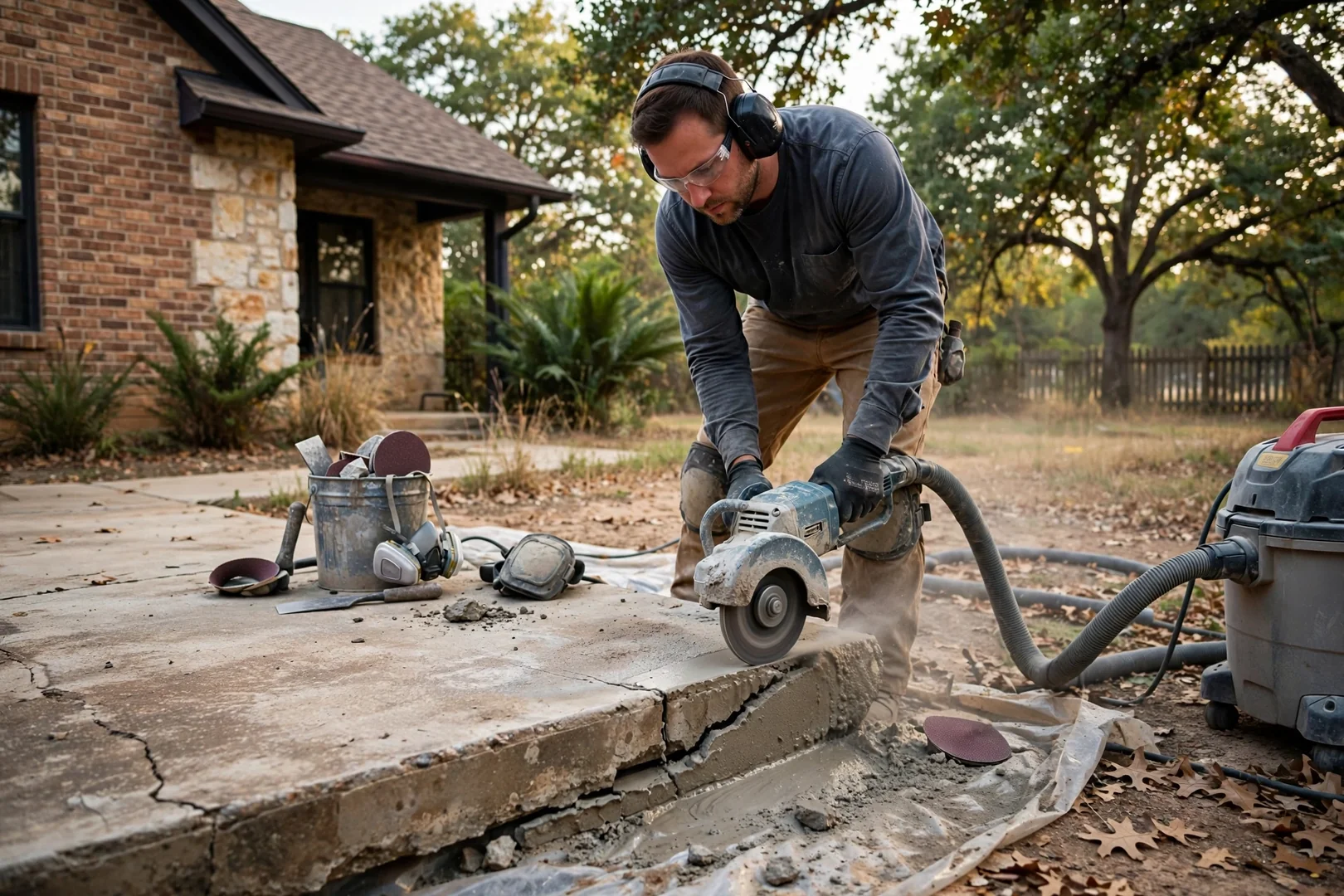 Diamond grinder opening an old slab before stain application in a Corinth home