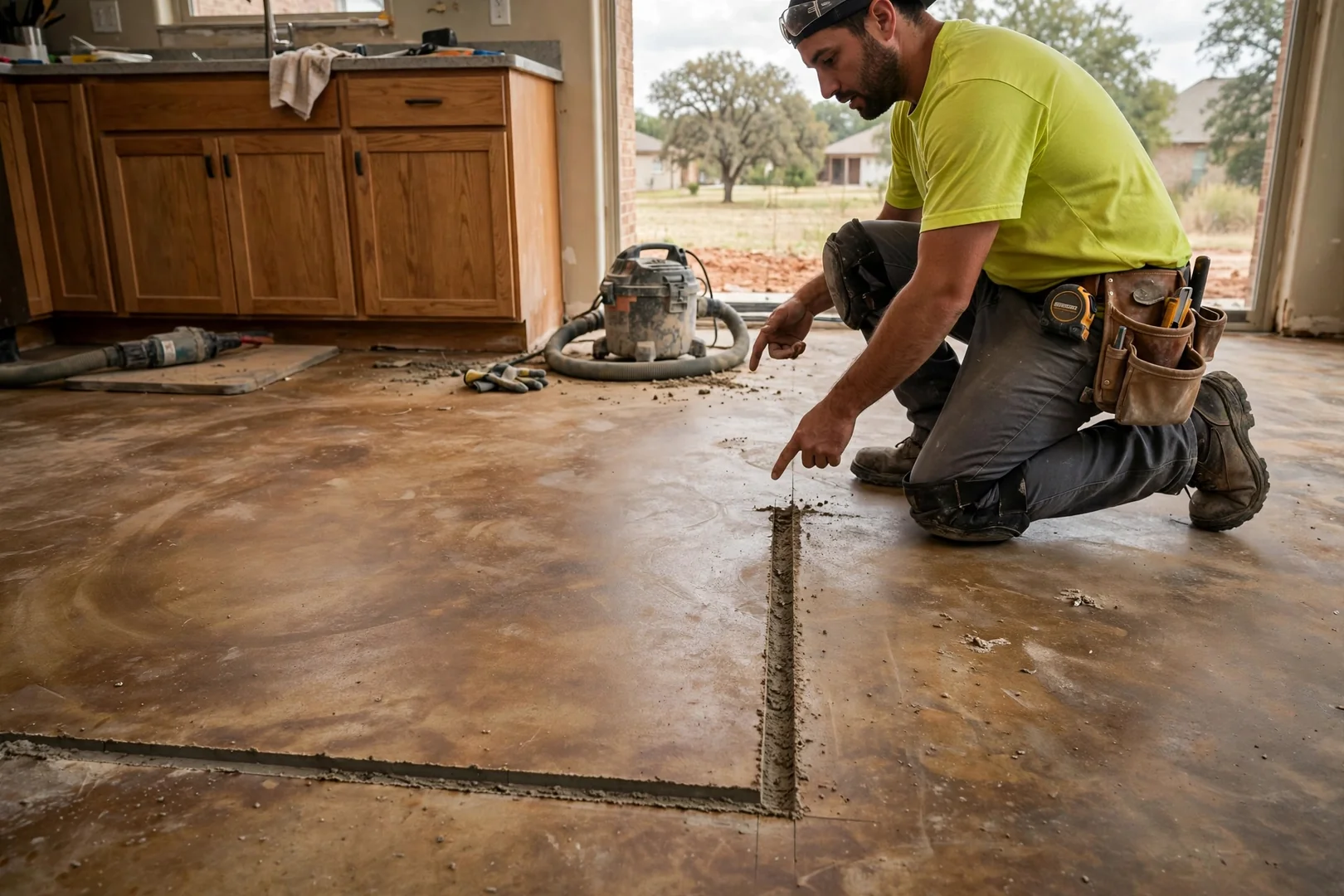 Saw-cut border detail framing a stained concrete kitchen floor