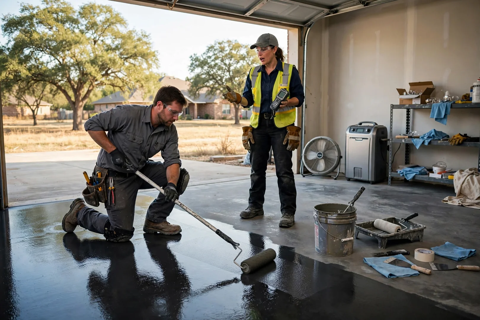 Garage interior with charcoal stained floor and glossy protective topcoat