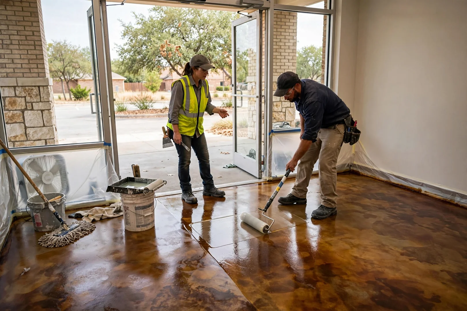 Retail entry area with layered dye finish and heavy-traffic urethane sealer