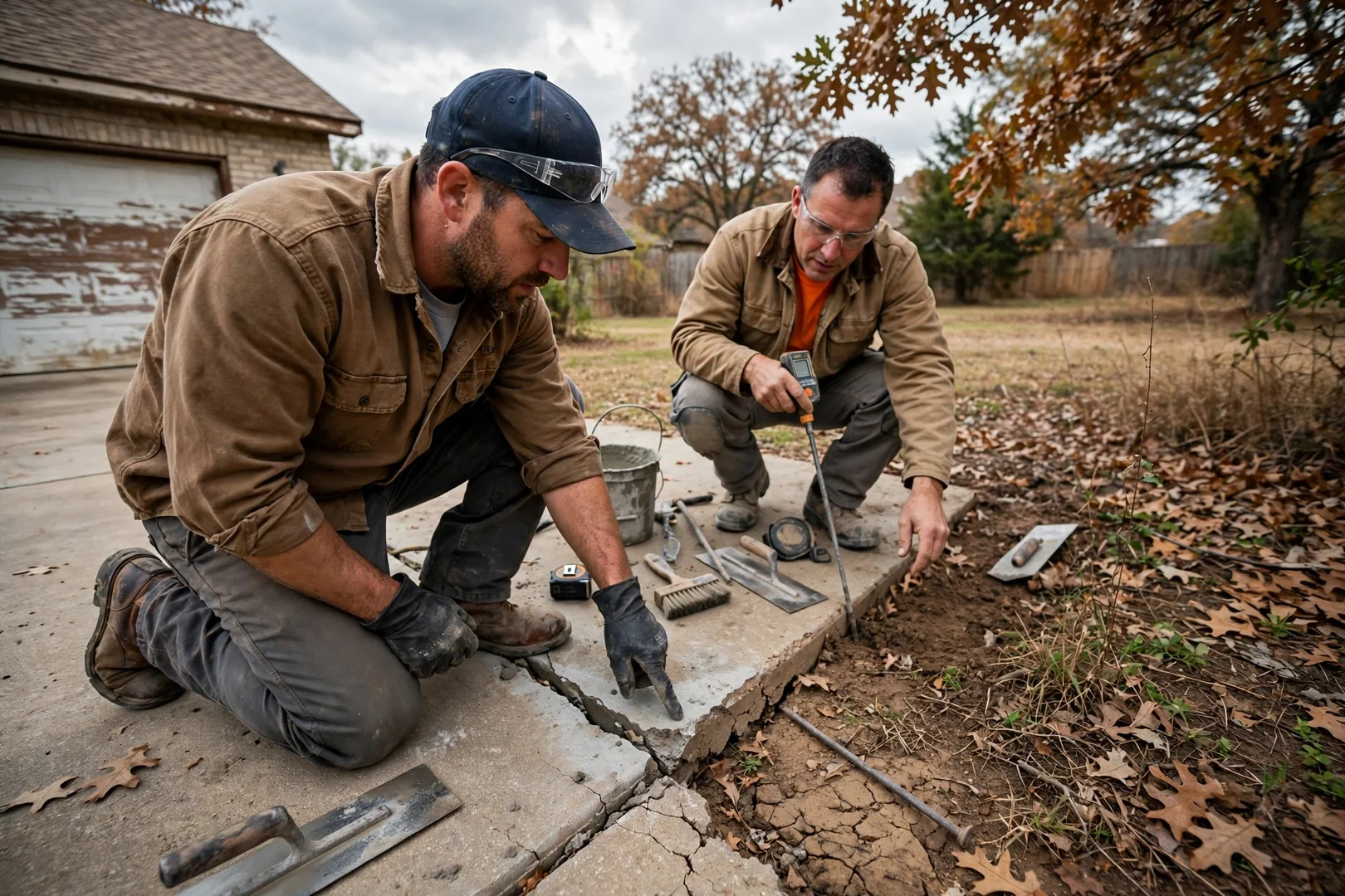 Contractor pressing stamp mat into wet concrete surface