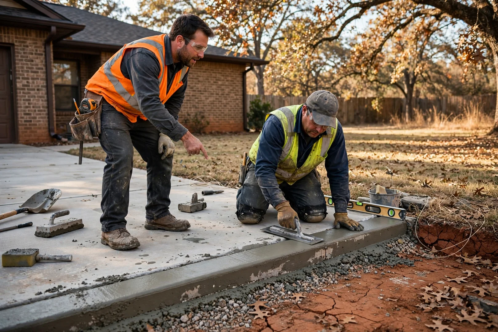 Crew pressing texture mats into fresh concrete during a stamped patio installation in Corinth