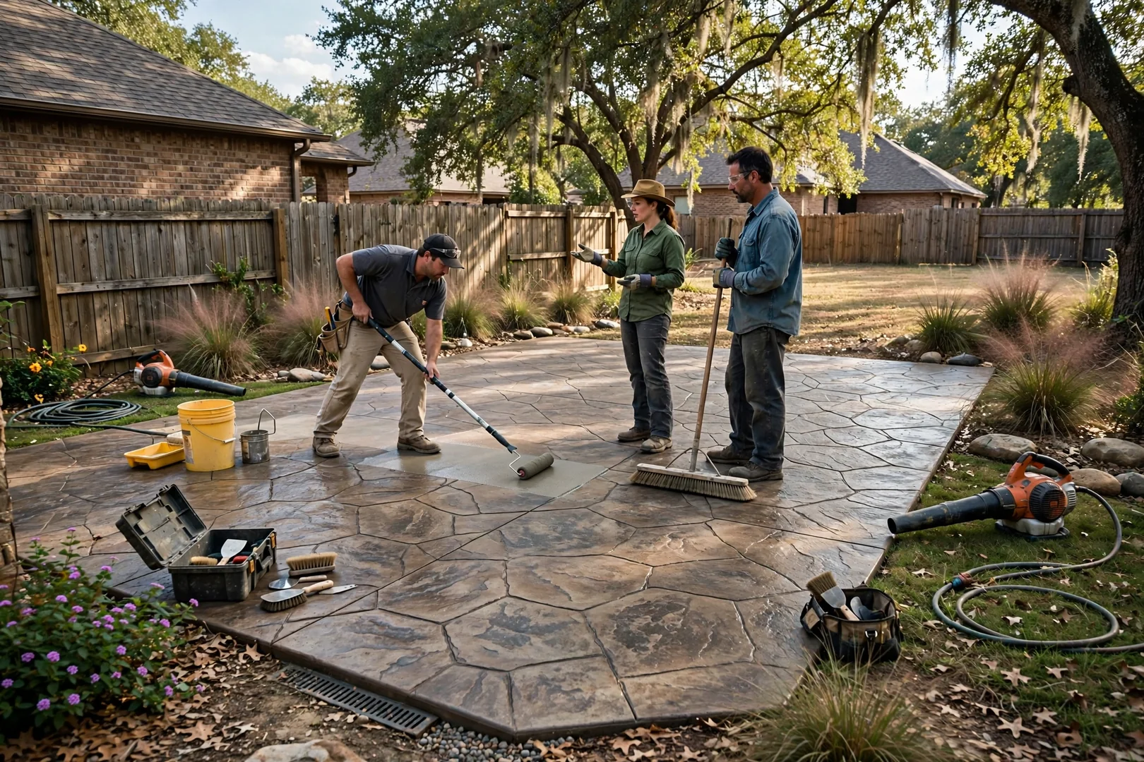 Wide view of a stamped concrete backyard patio with ashlar slate pattern