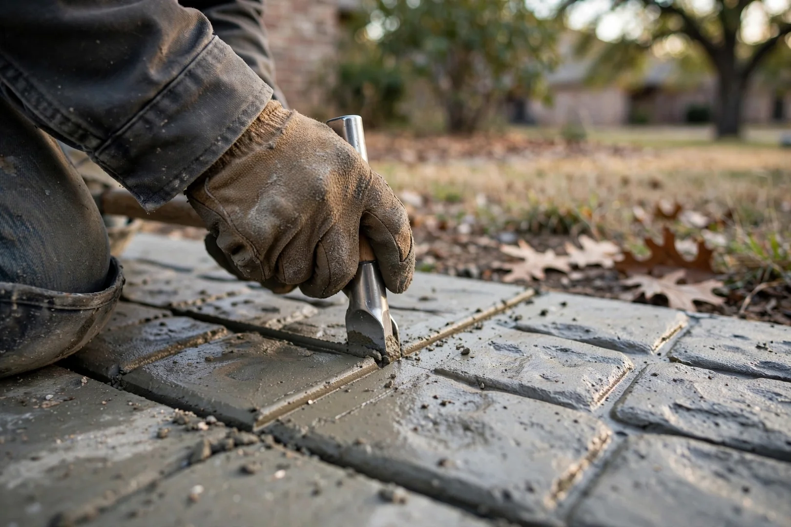 Close-up of hand-tooled grout lines in a freshly stamped concrete border