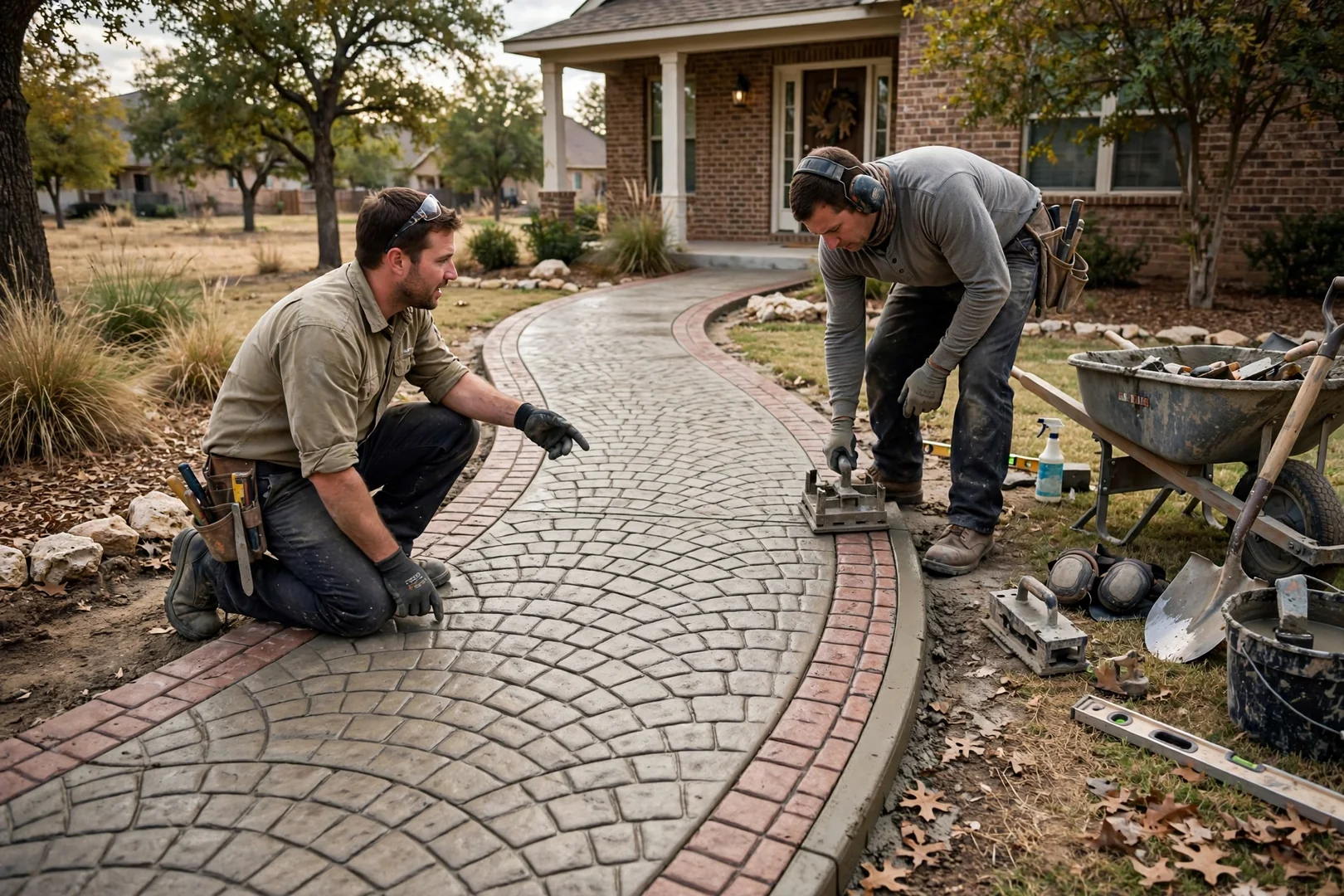 Stamped concrete walkway curving toward a front entry with brick-pattern edging