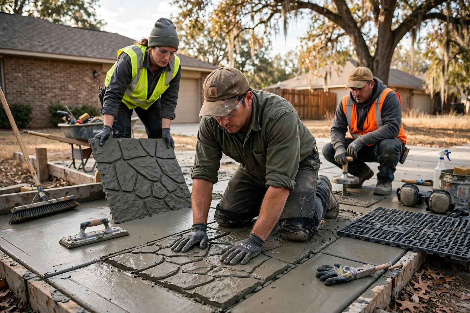 Crew tamping texture mats into fresh concrete on a residential pour