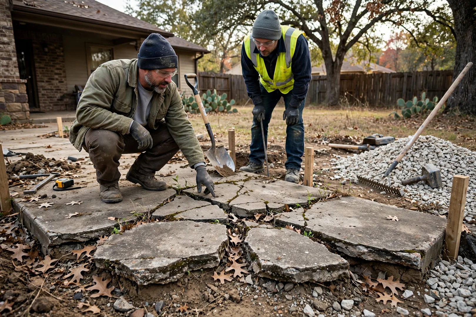 Cracked older patio slab before stamped concrete replacement and base preparation