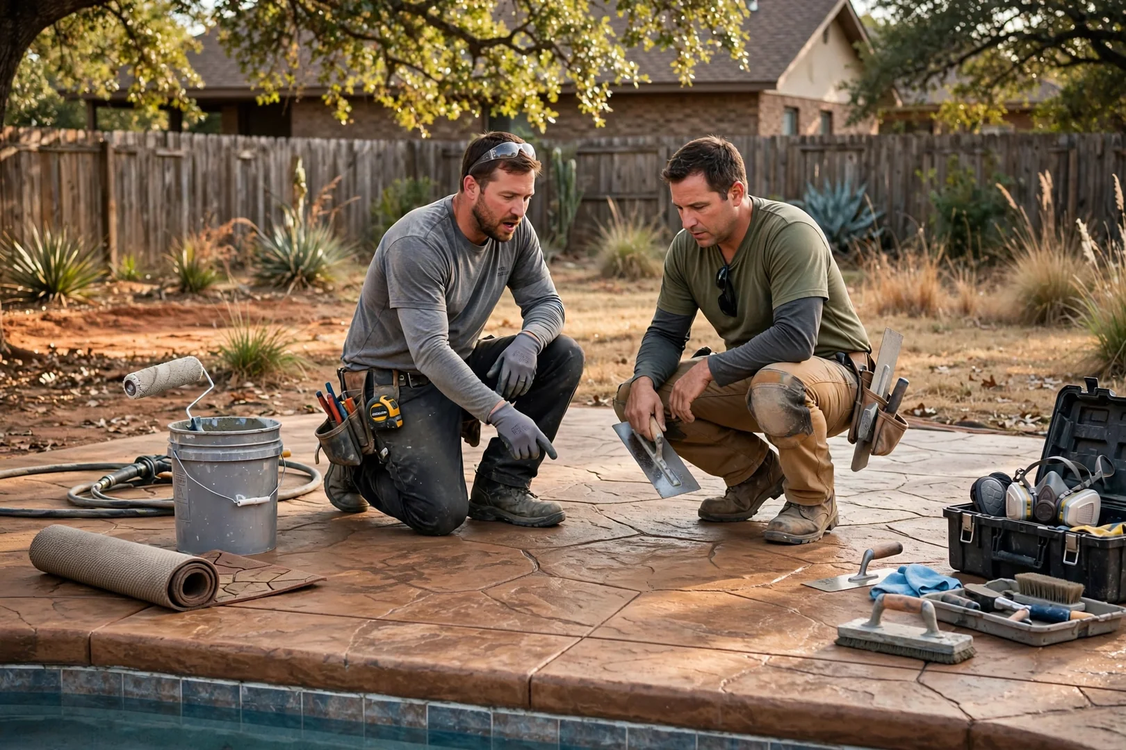 Stamped concrete pool deck with slip-resistant texture and warm earth tones